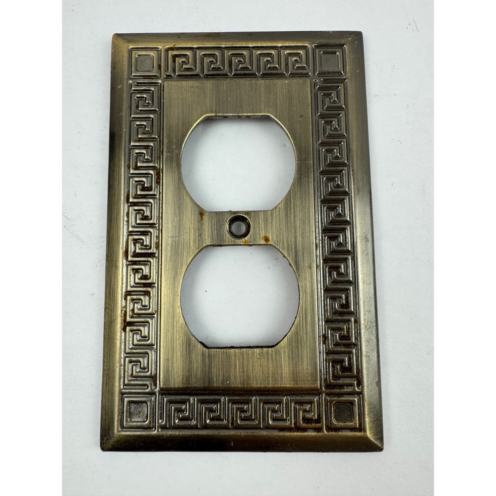 Vintage 2005 LHMC Greek Key Metal Outlet Cover Antique Brass Duplex Wall Plate